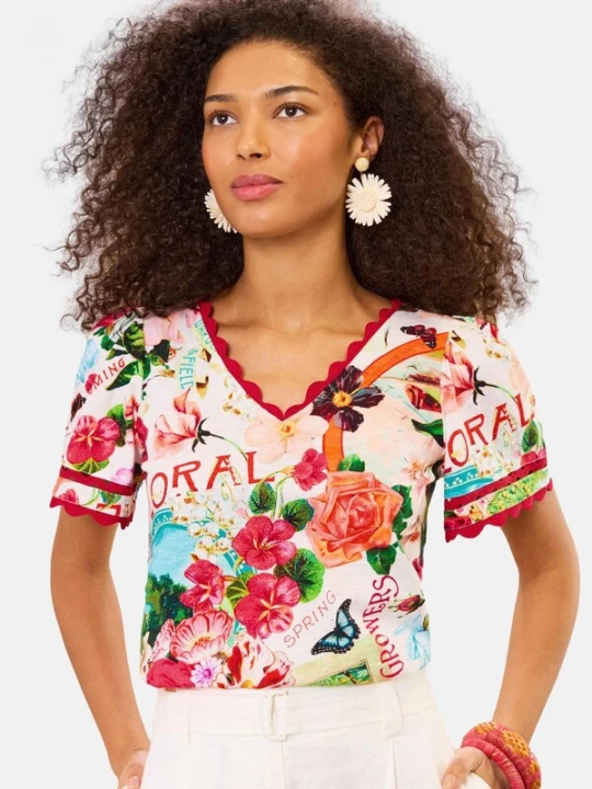 Foto van product love & roses Shirt crème / azuur / kreeft / rood