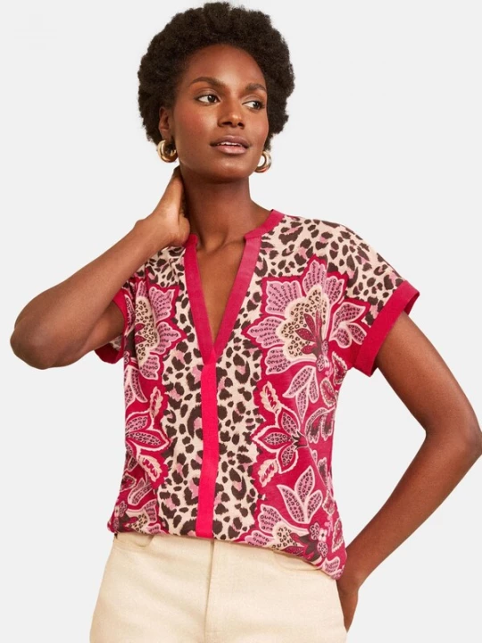 Foto van product love & roses Shirt crème / chocoladebruin / oudroze / purper