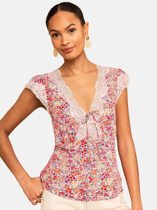Foto van product love & roses Shirt crème / petrol / framboos / rood