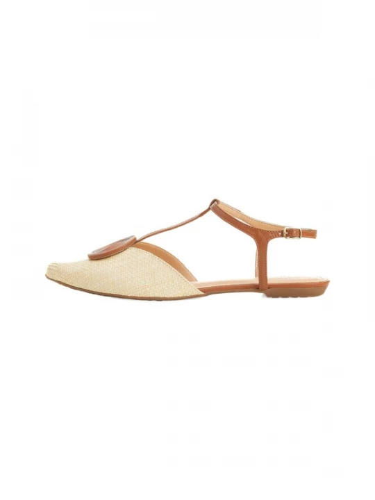 Foto van product Mangara Atelier Teenslipper 'Acerola Damen T-Bar Sandalen Raffia Leder Beige Flach' beige