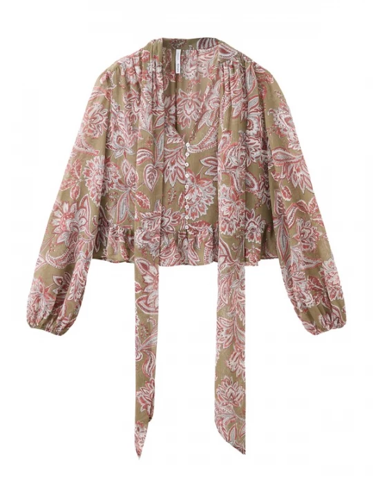 Foto van product MANGO Blouse 'CURRY' kaki / lichtrood / wit