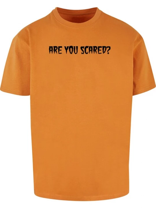Foto van product Merchcode Shirt 'Halloween - Are You Scared' donkeroranje / zwart