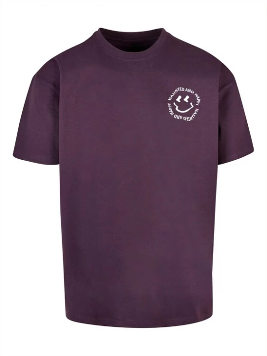 Foto van product Merchcode Shirt 'Halloween - Haunted and Happy' aubergine / wit