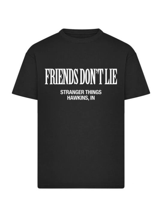 Foto van product Merchcode Shirt 'Stranger Things Friends Don’t Lie' zwart / wit