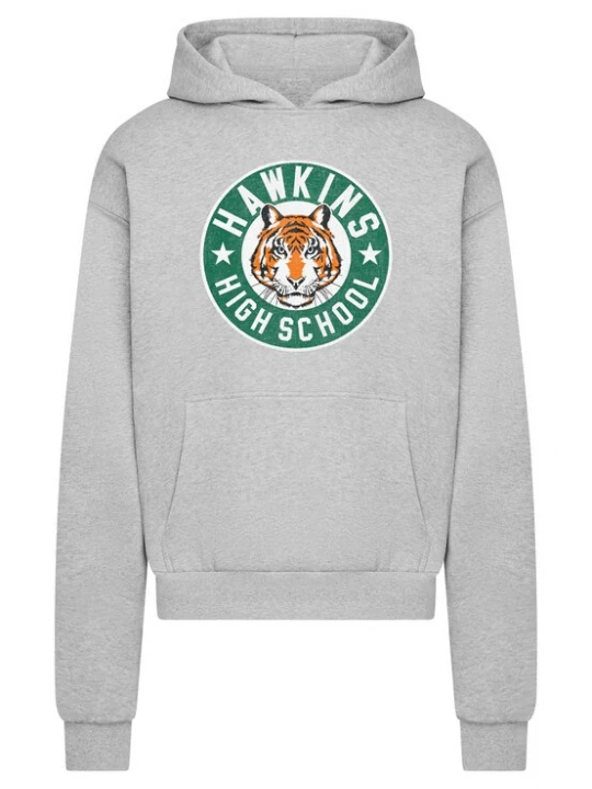 Foto van product Merchcode Sweatshirt 'Stranger Things Hawkins Tigers' grijs / groen / oranje / wit