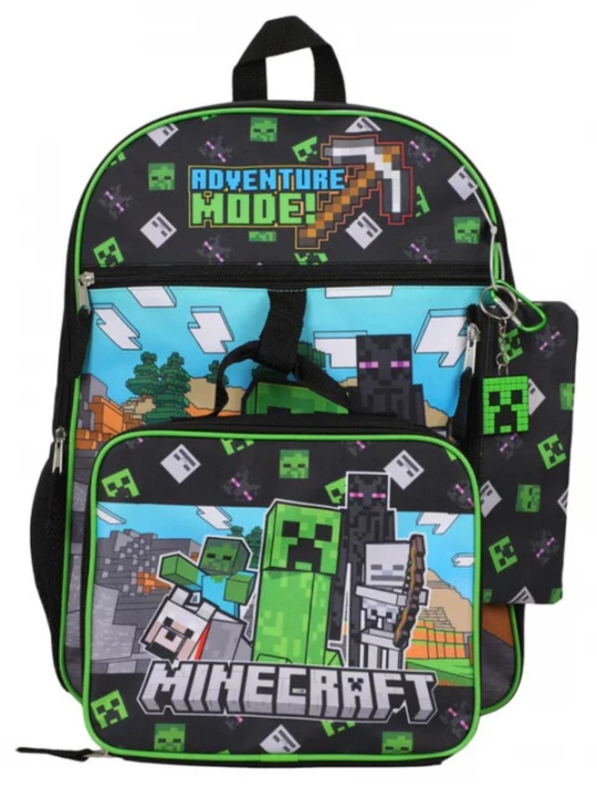 Foto van product Minecraft Rugzak 'Minecraft Backpack Kids Set – Creeper – Black / Green – School Bag with Lunchbox, Pencil Case & Keychain' donkergroen