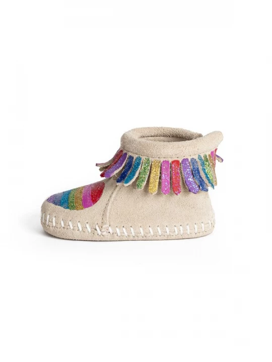 Foto van product Minnetonka Snowboots 'Love one another' beige / blauw / geel / violetblauw / pink