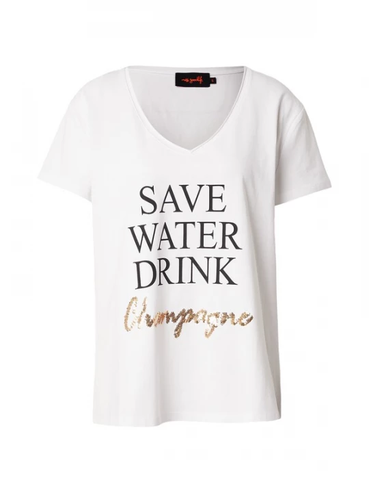 Foto van product miss goodlife Shirt 'Save Water Drink' goud / zwart / wit