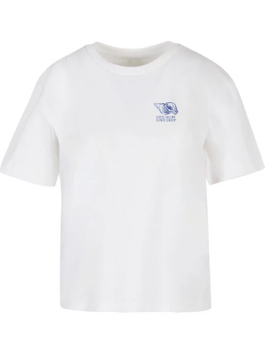 Foto van product Miss Tee Shirt 'Live Slow Seashells' blauw / wit