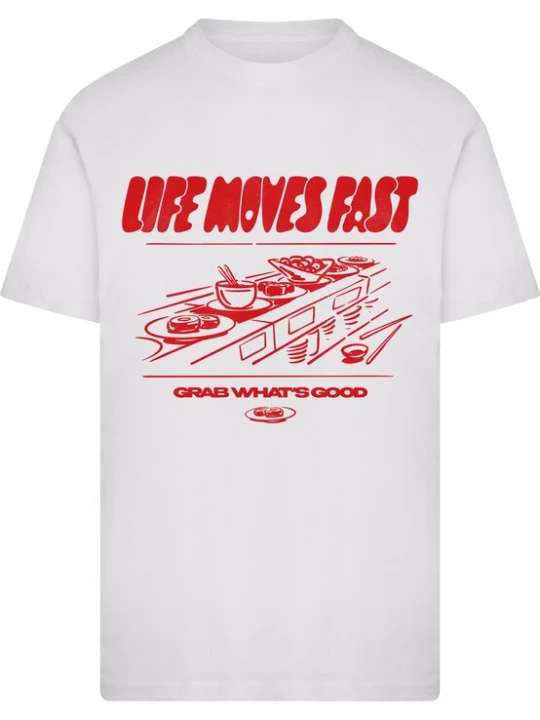 Foto van product Mister Tee Shirt 'Life Moves Fast Grab What is Good' rood / wit