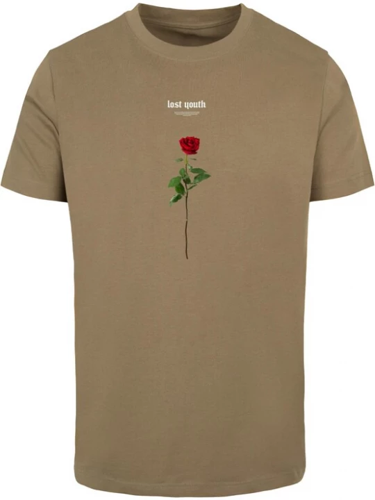 Foto van product Mister Tee Shirt 'Lost Youth Rose' donkerbeige / groen / rood / wit