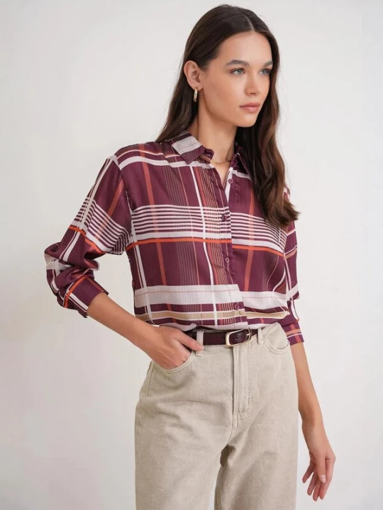 Foto van product MixRay Blouse oranje / bourgogne / wit