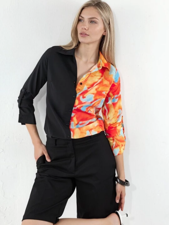 Foto van product MSN Collection Blouse lichtblauw / oranje / donkeroranje / zwart