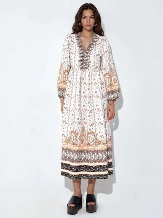 Foto van product MSN Collection Jurk bruin / goudgeel / zwart / wit