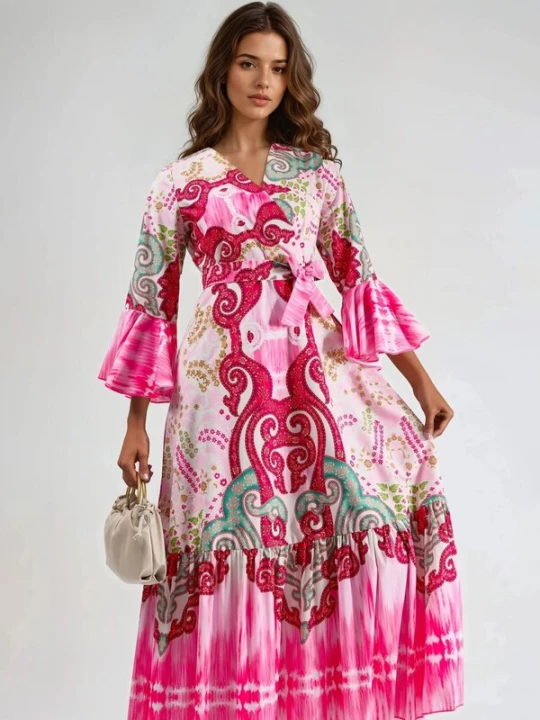 Foto van product MSN Collection Jurk cyaan blauw / pink / cranberry / wit