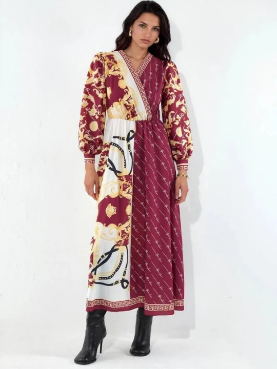 Foto van product MSN Collection Jurk goudgeel / bourgogne / zwart / wit