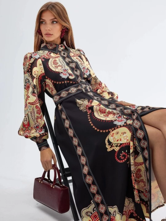 Foto van product MSN Collection Jurk honing / donkerrood / zwart / wit