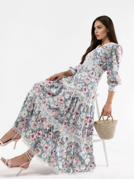 Foto van product MSN Collection Zomerjurk smoky blue / kaki / rosé / wit