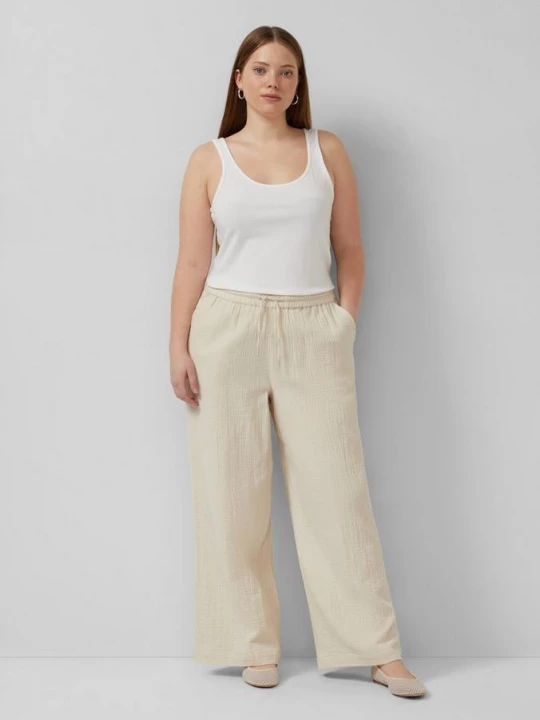 Foto van product Musslin broek met elastiek in de taille en wijde pijpen QS beżowy