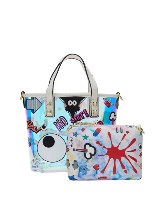 Foto van product MYMO Handtas 'Pop Eyetheme' hemelsblauw / robijnrood / zwart / wit