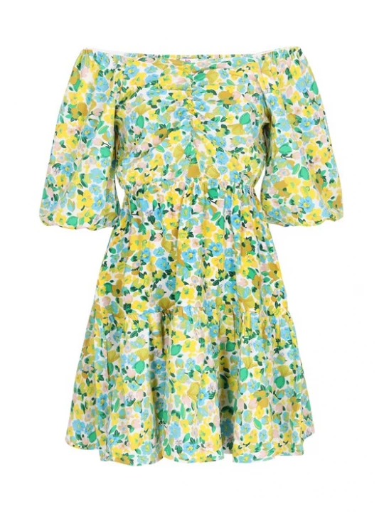 Foto van product swirly Zomerjurk 'Spring Summer' azuur / geel / rosa / wit