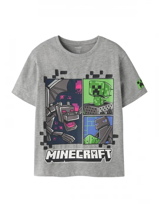 Foto van product NAME IT Shirt 'NKMMykin Minecraft' grijs gemêleerd / lichtgroen / zwart / wit
