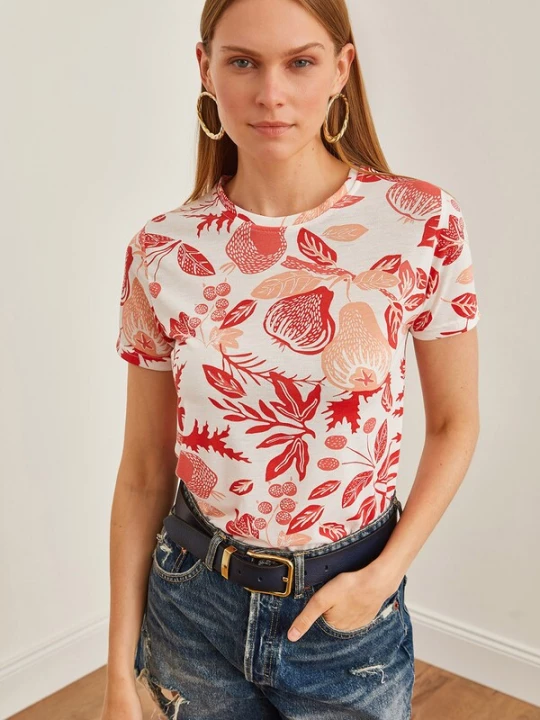 Foto van product olalook Shirt abrikoos / koraal / rood / wit