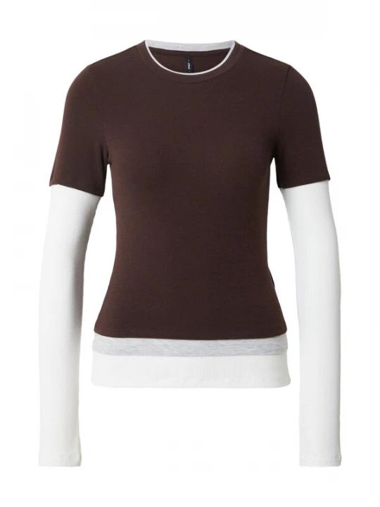 Foto van product ONLY Shirt 'ONLVirro' donkerbruin / grijs gemêleerd / wit