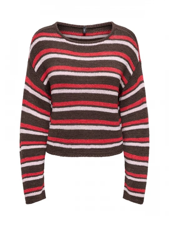 Foto van product ONLY Trui 'ONLGeena' donkerbruin / rood / wit