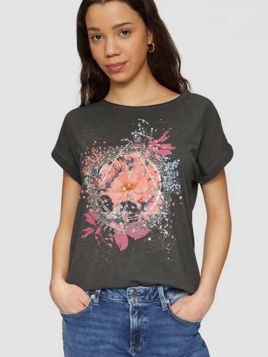 Foto van product Oversized top in een garment-washed look met een print op de voorkant QS zwart