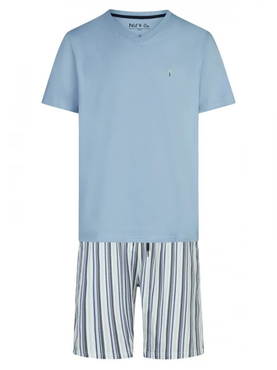 Foto van product Phil & Co. Berlin Pyjama kort ' Classics ' lichtblauw / grijs / lichtgroen / offwhite