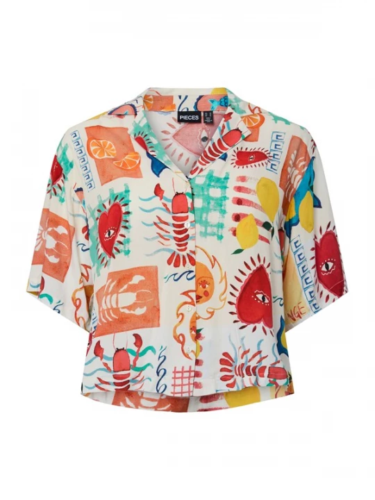Foto van product PIECES Curve Blouse 'PCKLARISA' azuur / geel / donkerrood / eierschaal