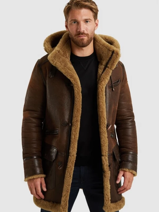 Foto van product PME Legend Tussenjas 'Long Lammy leather jacket' donkerbruin