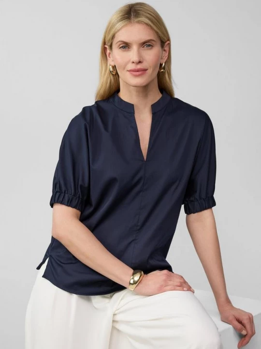 Foto van product Popeline blouse met oversized schouders en tuniekhals s.Oliver blauw