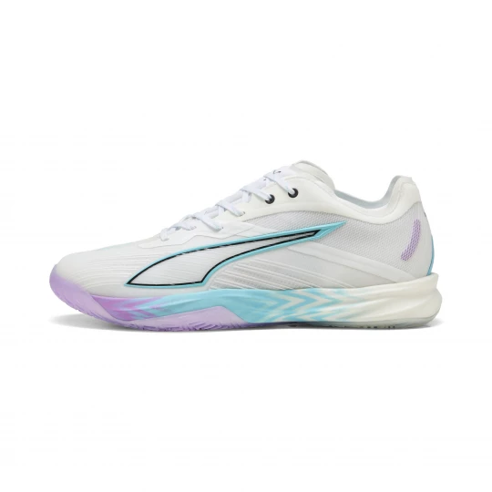 Foto van product PUMA Accelerate NITROâ¢ SQD 5 ENERGY uniseks handbalschoenen, Wit / Paars
