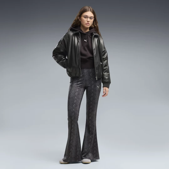 Foto van product PUMA Broek met slanke pasvorm, slangenprint en wijd uitlopende pijpen voor Dames, Zwart