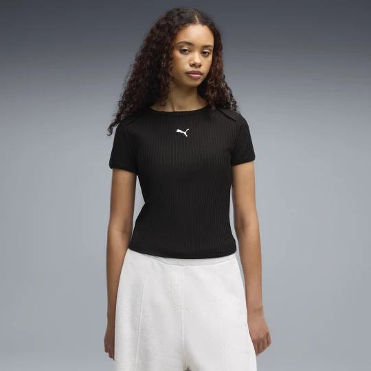 Foto van product PUMA Essentials geribd slimfit T-shirt voor Dames, Zwart