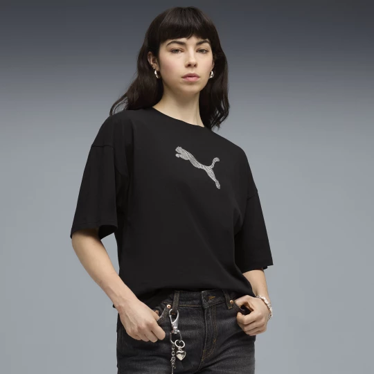 Foto van product PUMA Essentials Graphics Bedazzled oversized T-shirt voor Dames, Zwart