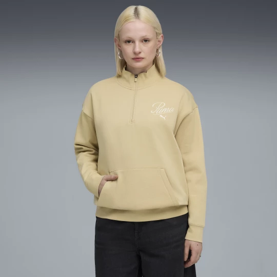 Foto van product PUMA Essentials Script relaxte sweater met ronde hals, halve rits en hoge hals voor Dames, Beige