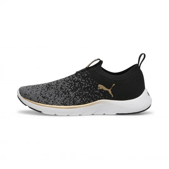 Foto van product PUMA Softride Remi Slip-on Knit hardloopschoenen voor Dames, Zwart / Grijs / Goud