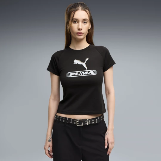 Foto van product PUMA Sport T-shirt met print en slanke pasvorm voor Dames, Zwart