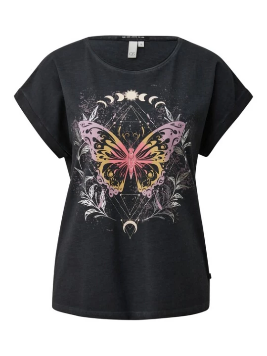 Foto van product QS Shirt lichtoranje / rosa / zwart