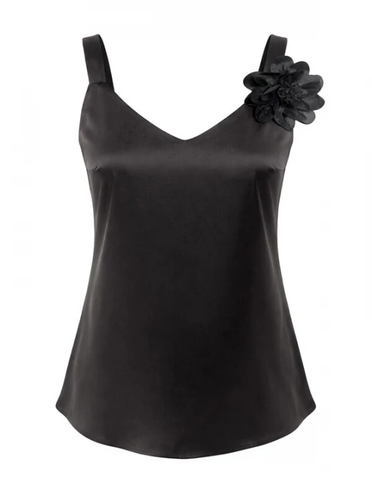 Foto van product REGINA FASHION Top 'V-Neck Satin Top with 3D Flower Detail' zwart