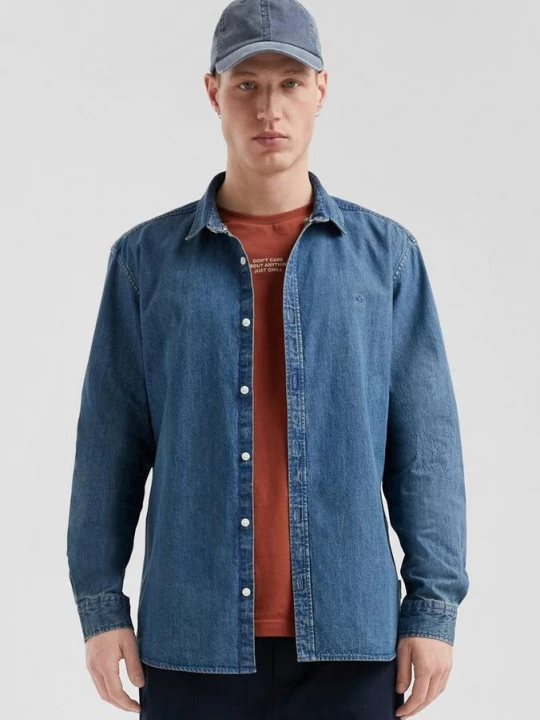 Foto van product Regular fit: gewassen denim overhemd met logoborduursel QS blauw