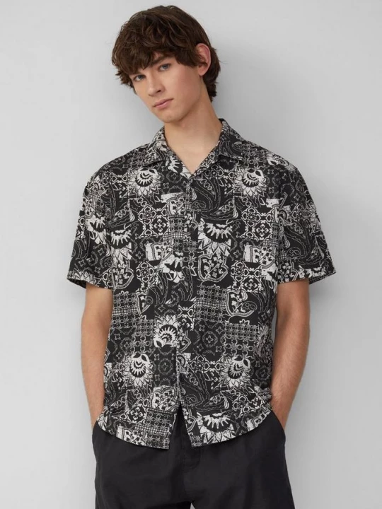 Foto van product Resort pasvorm: katoenen shirt met all-over print QS zwart