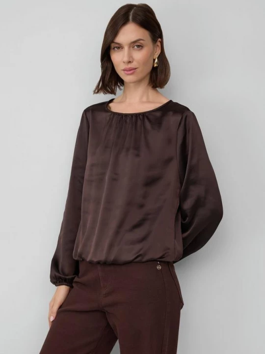 Foto van product Satijnen blouse met strikdetail aan de zoom s.Oliver bruin