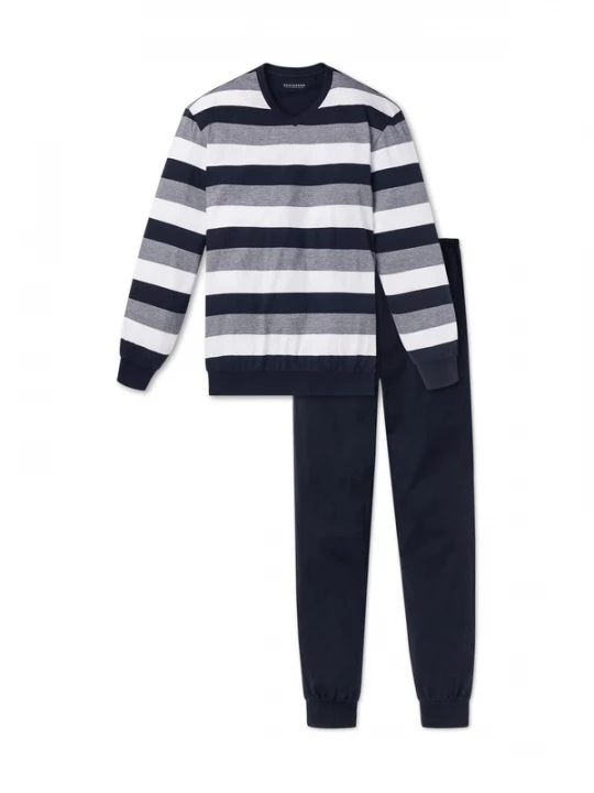 Foto van product SCHIESSER Pyjama lang donkerblauw / grijs gemêleerd / wit