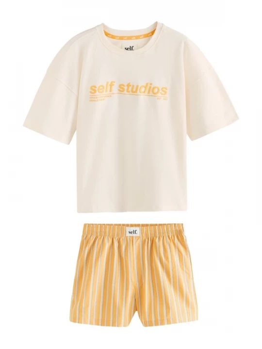 Foto van product self. Korte pyjama beige / oranje / zwart / wit
