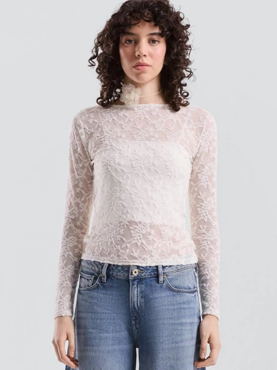 Foto van product Shirt met lange mouwen van zacht kant QS crème