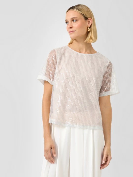 Foto van product Shirt van pailletten met transparante mouwen en ronde halslijn s.Oliver beżowy